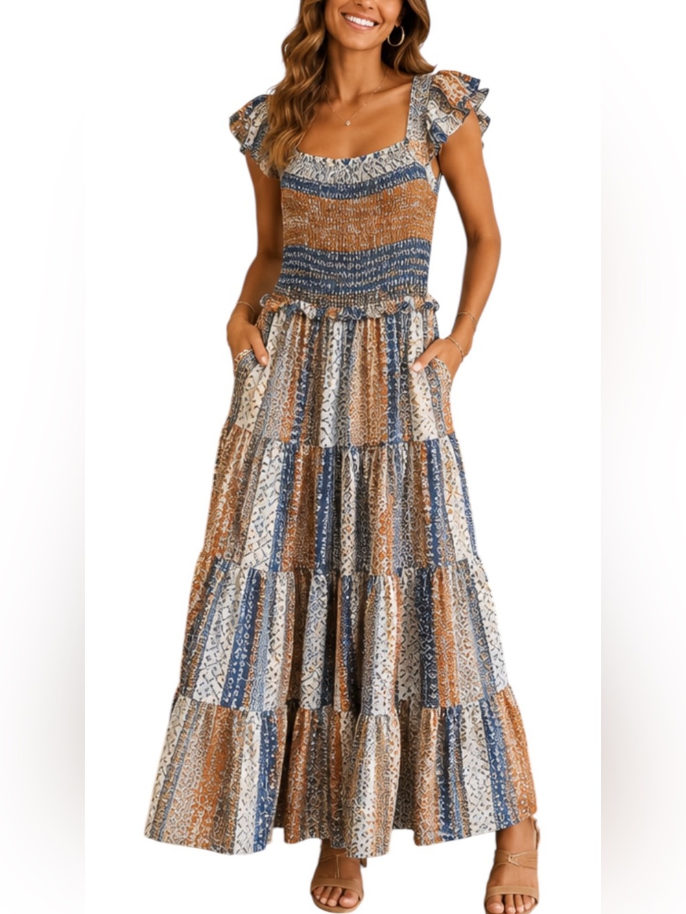 D150 Sweet Lemon Rayon Floral Patchwork Print Boho Tiered Smocked Maxi Dress